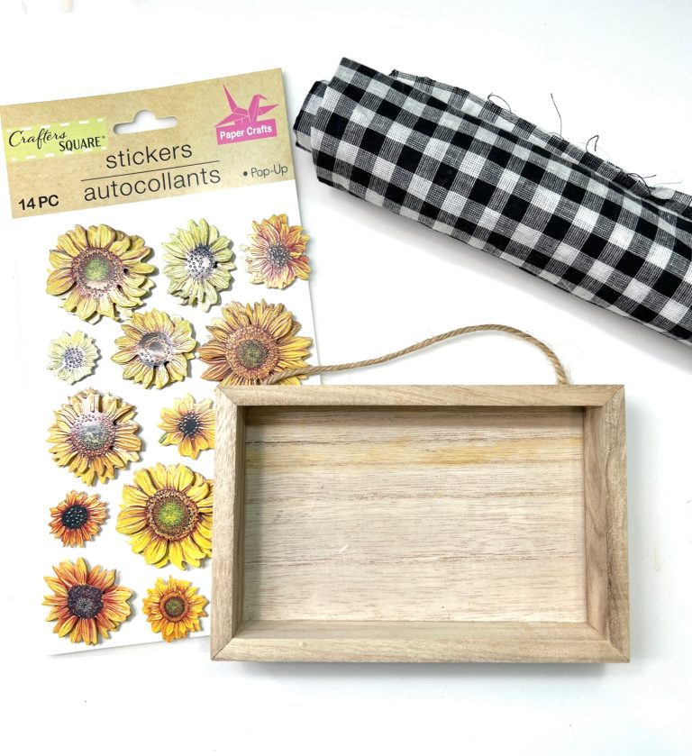 Sunflower stickers, wooden sign, buffalo check fabric